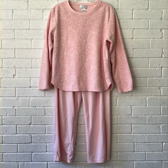 Oscar de la Renta Pajamas 2 Piece Set Pink Sz M Vintage Fleece Lounge Floral. - Picture 1 of 13